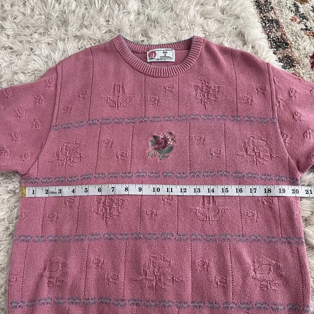 Vtg Isle Of Cotton Pink Short Sleeve Floral Embroidered Sweater Size XL